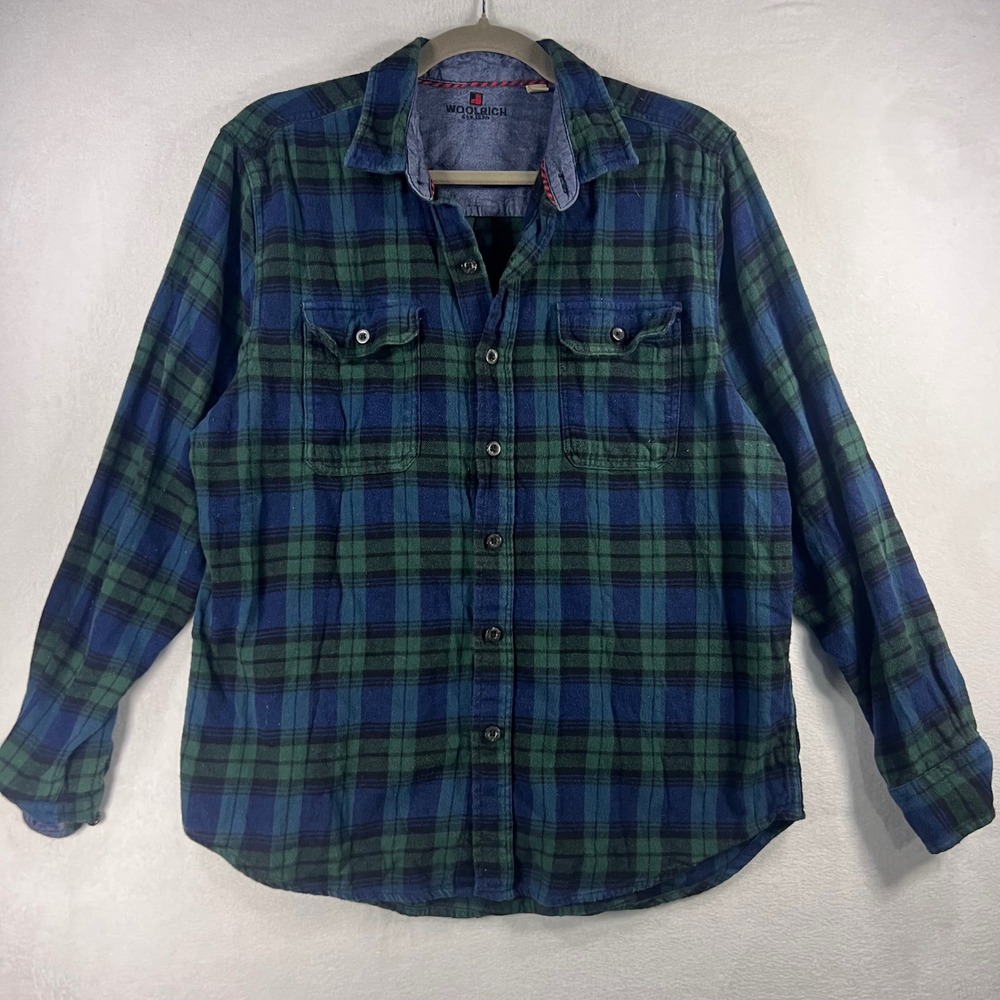Woolrich Plaid Flannel‎ Long Sleeve Button Up Shirt Mens Large Blue Green
